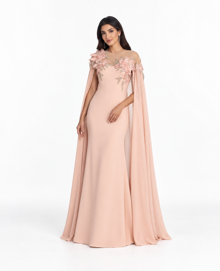 Blush Floral Appliqué Cape Maxi Dress – Rosalie
