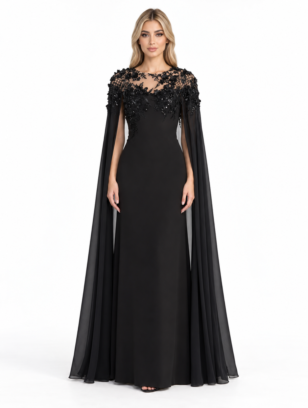 Black Lace Embellished Cape Maxi Dress – Alessia