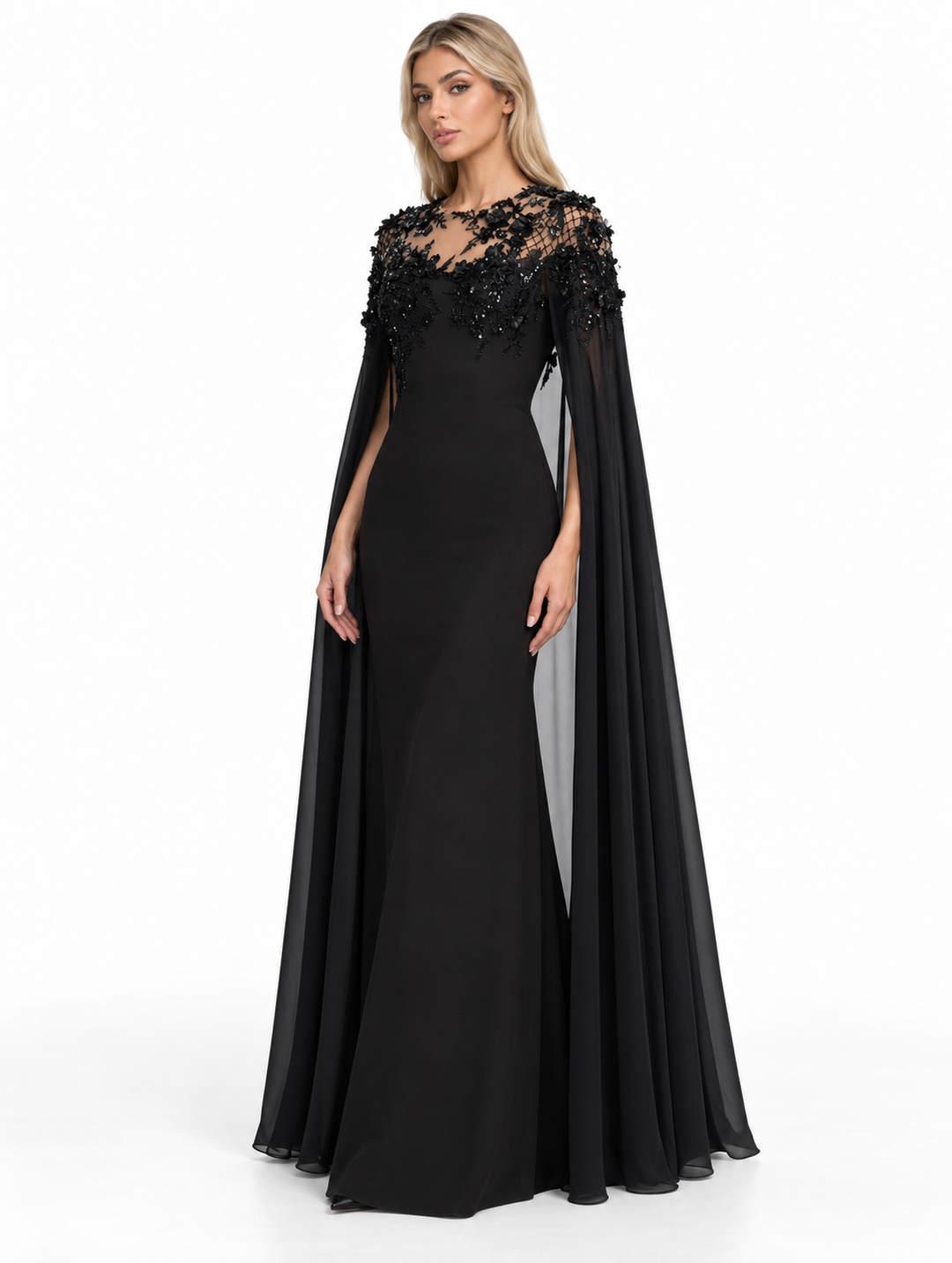 Black Lace Embellished Cape Maxi Dress – Alessia