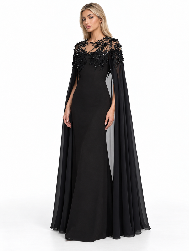 Black Lace Embellished Cape Maxi Dress – Alessia