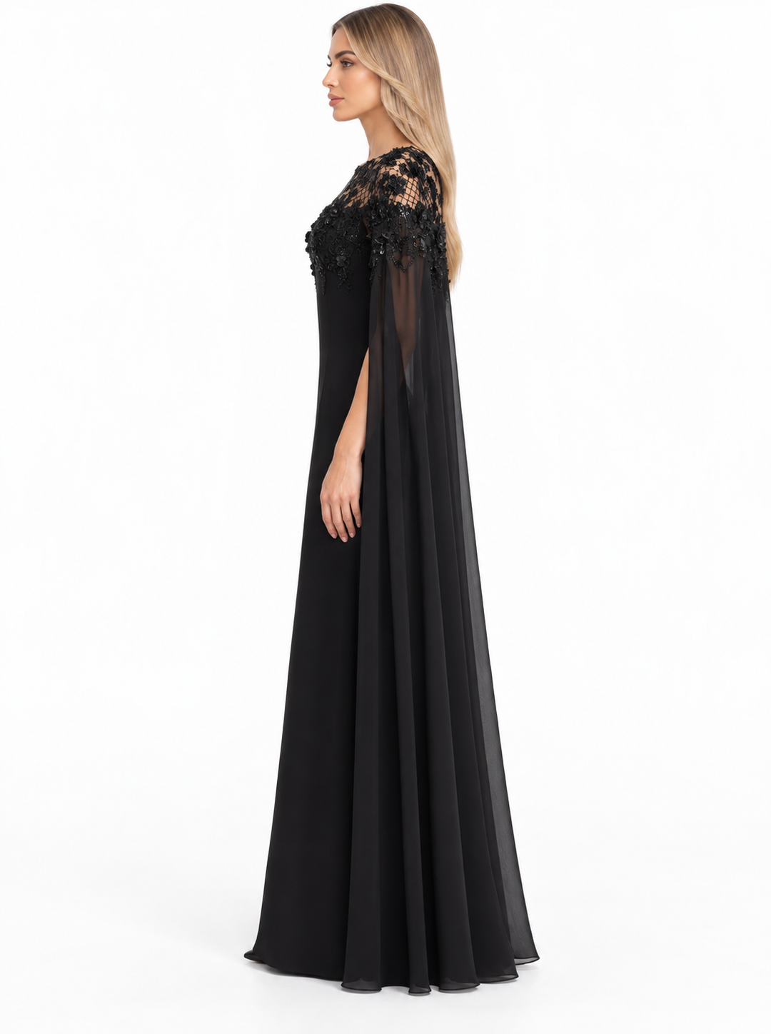 Black Lace Embellished Cape Maxi Dress – Alessia