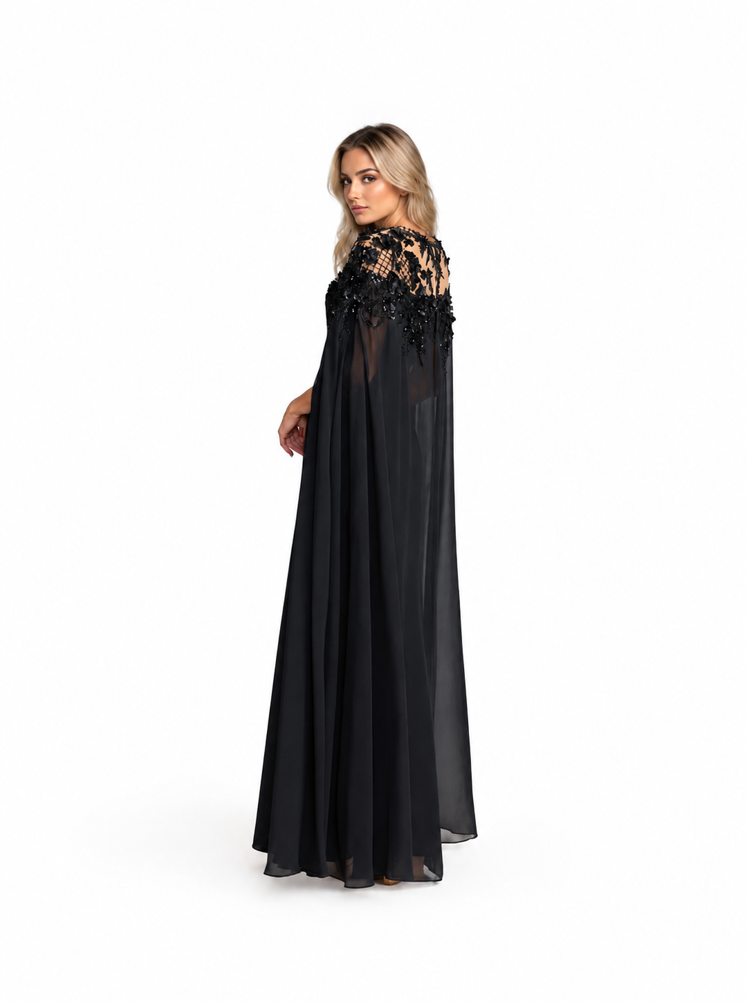 Black Lace Embellished Cape Maxi Dress – Alessia