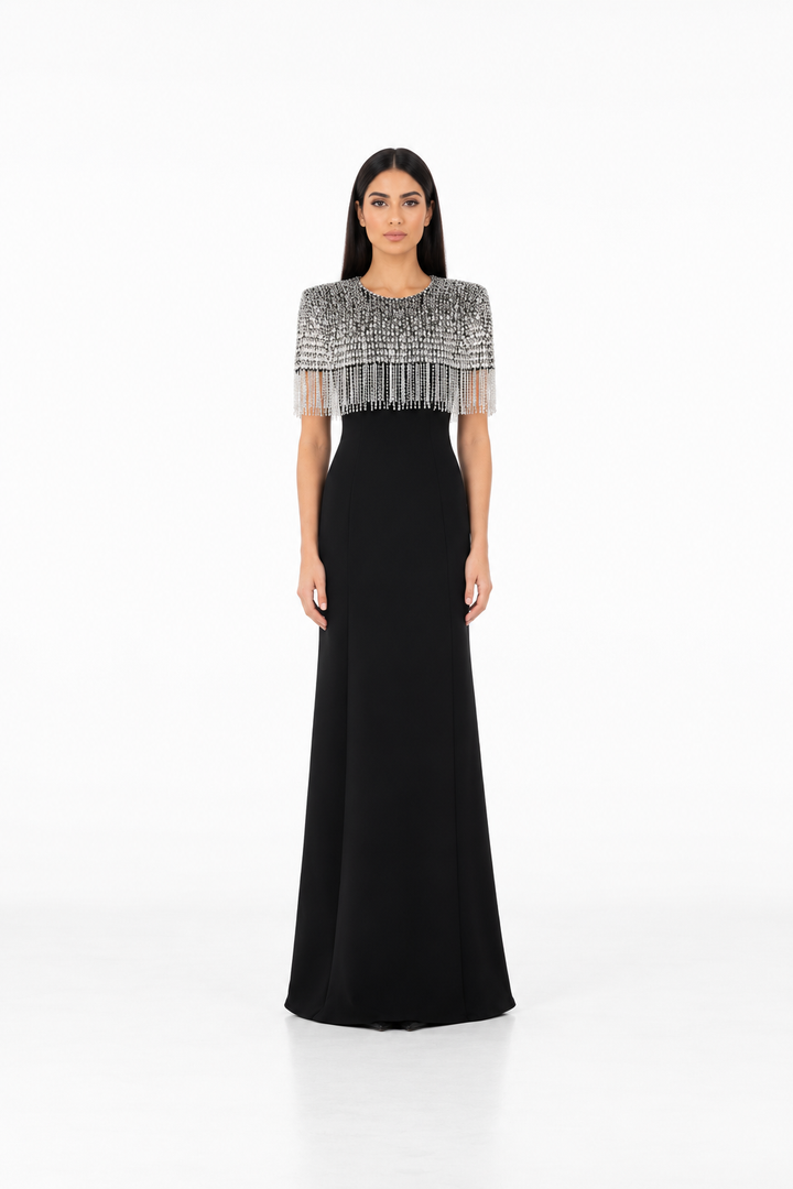 Black Crystal Fringe Cape Maxi Dress – Celeste