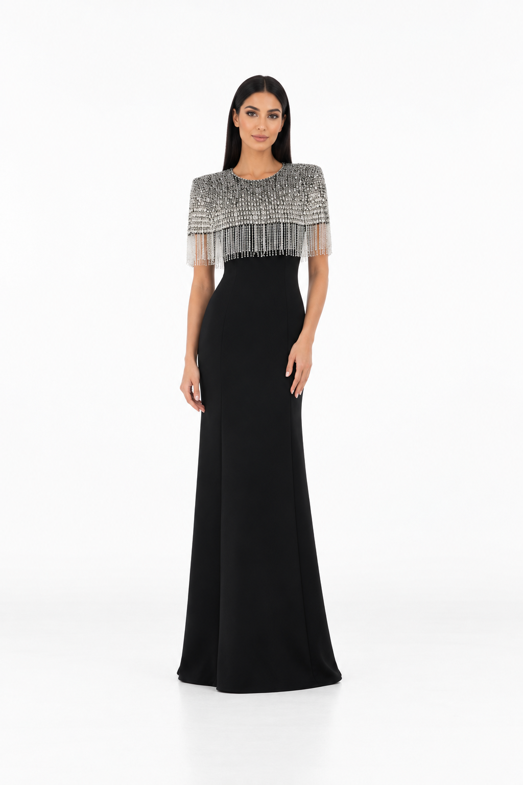 Black Crystal Fringe Cape Maxi Dress – Celeste