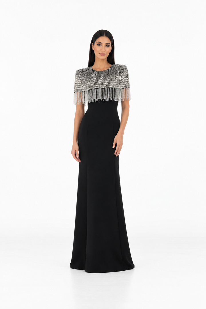 Black Crystal Fringe Cape Maxi Dress – Celeste