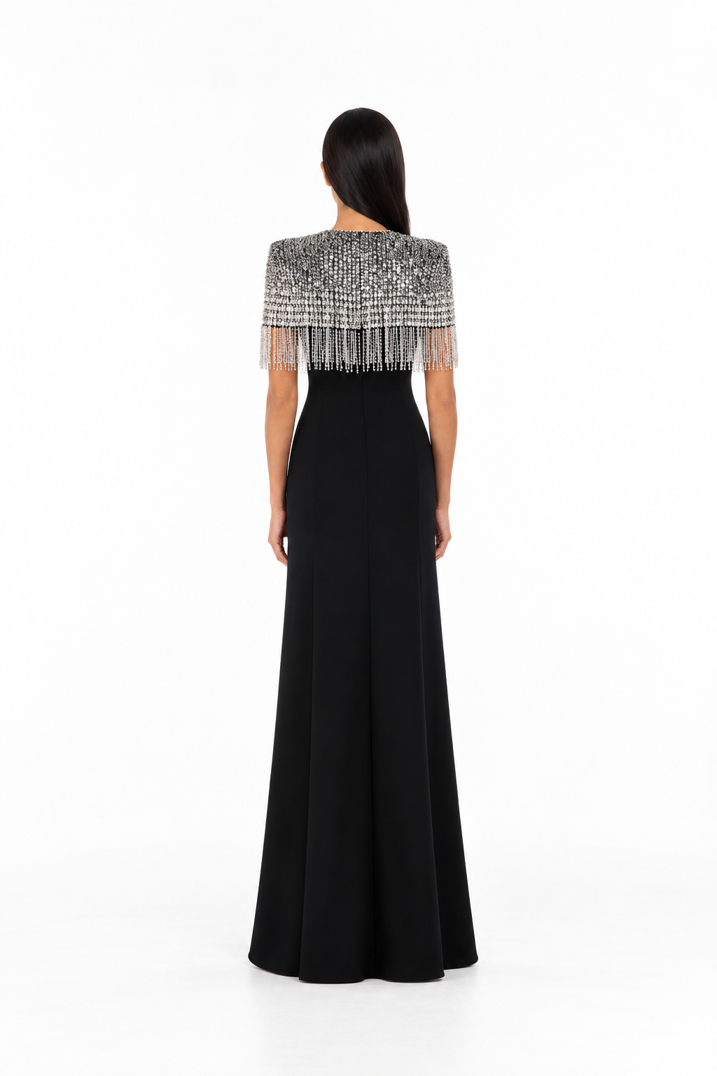 Black Crystal Fringe Cape Maxi Dress – Celeste