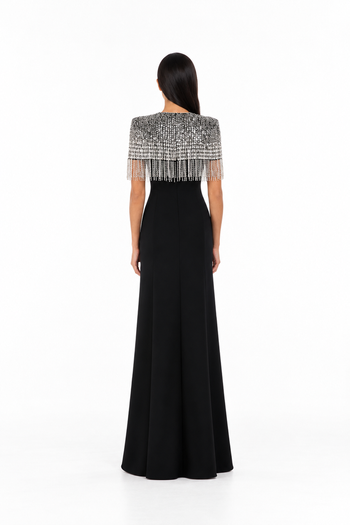 Black Crystal Fringe Cape Maxi Dress – Celeste
