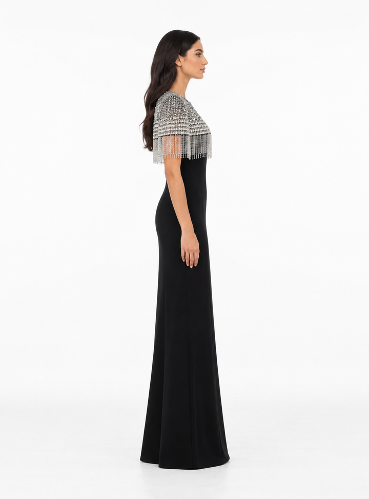 Black Crystal Fringe Cape Maxi Dress – Celeste
