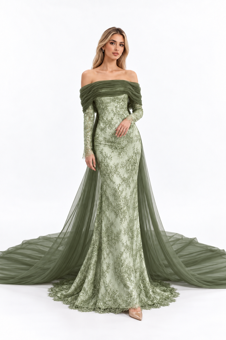 Gold Lace Off-Shoulder Tulle Maxi Dress – Aurelia