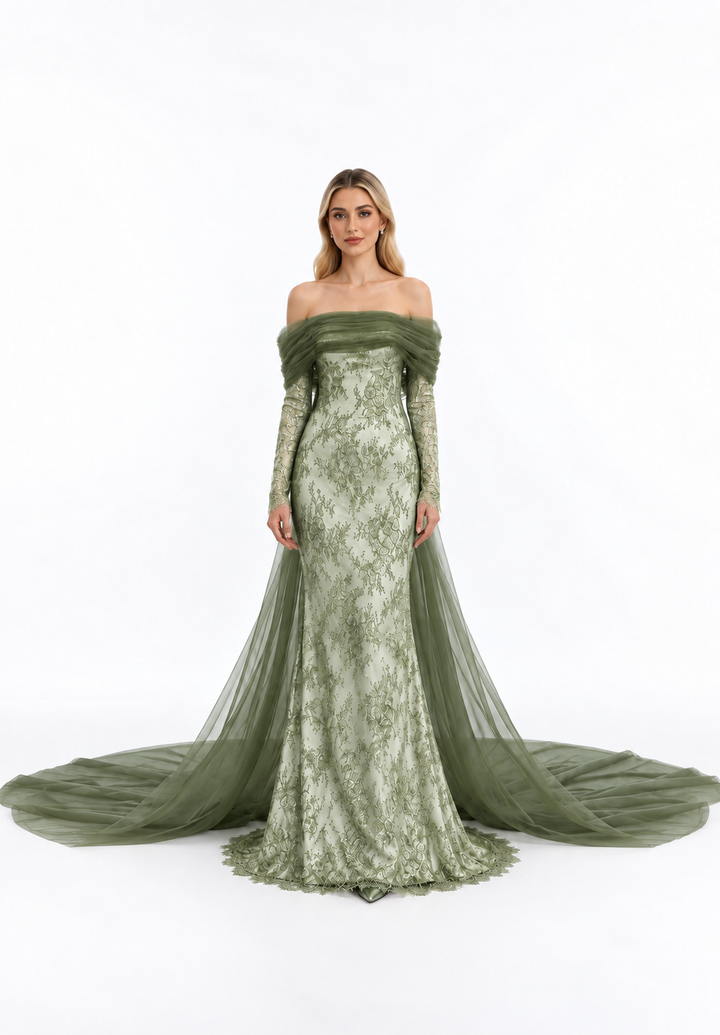 Gold Lace Off-Shoulder Tulle Maxi Dress – Aurelia