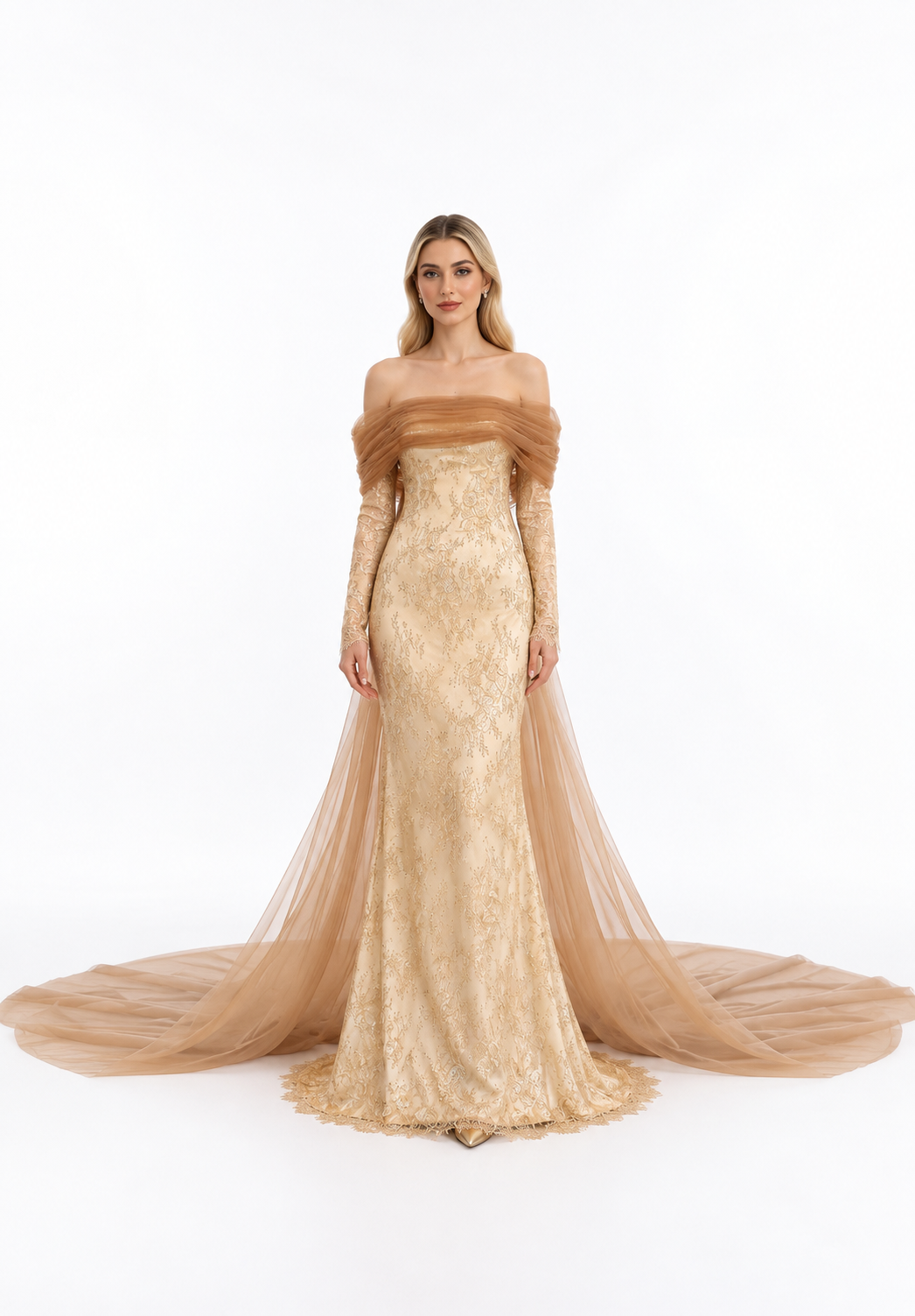 Gold Lace Off-Shoulder Tulle Maxi Dress – Aurelia