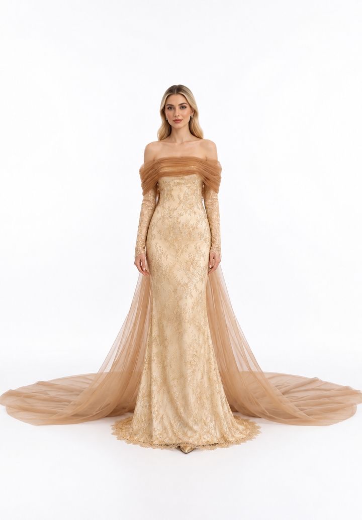 Gold Lace Off-Shoulder Tulle Maxi Dress – Aurelia
