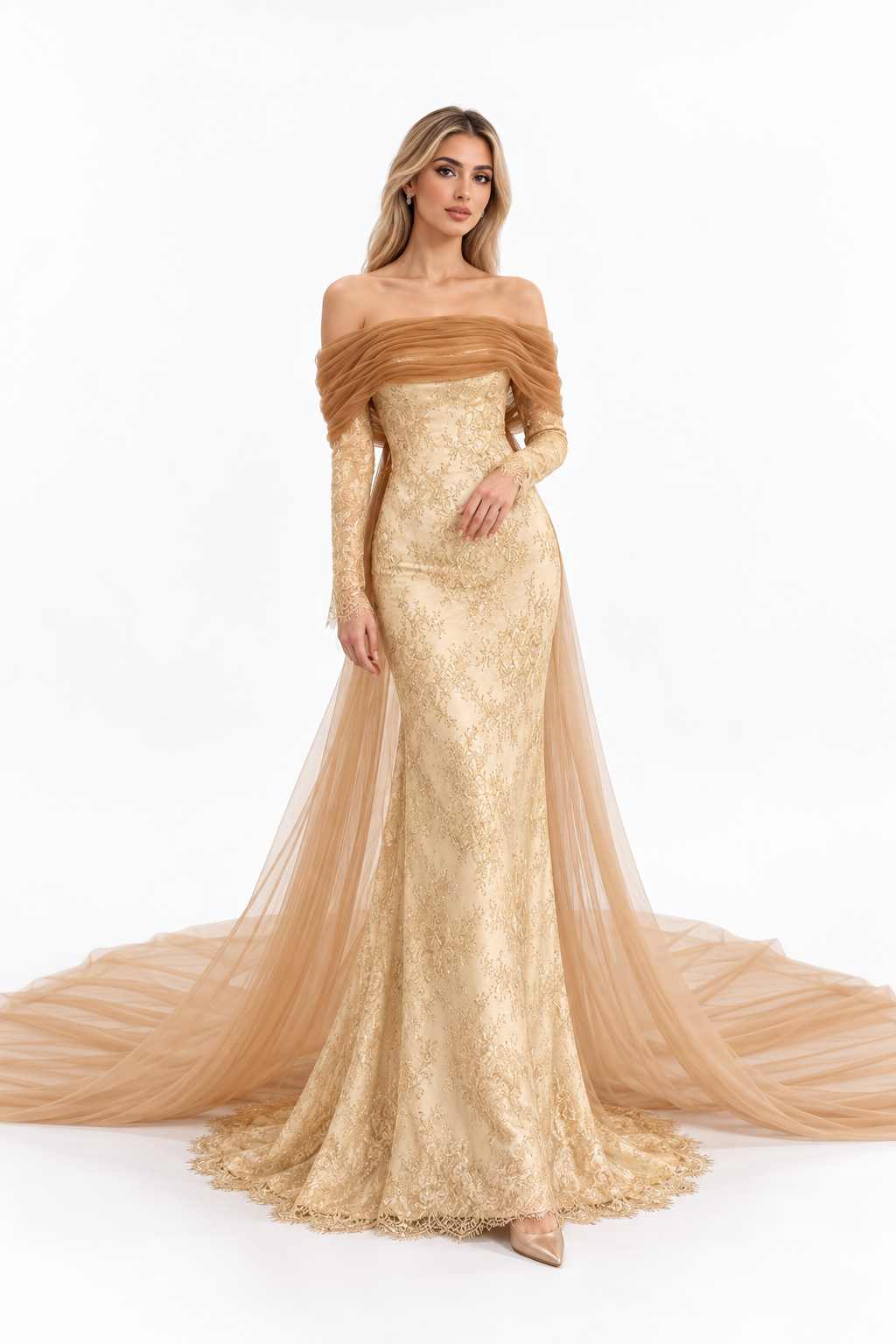 Gold Lace Off-Shoulder Tulle Maxi Dress – Aurelia