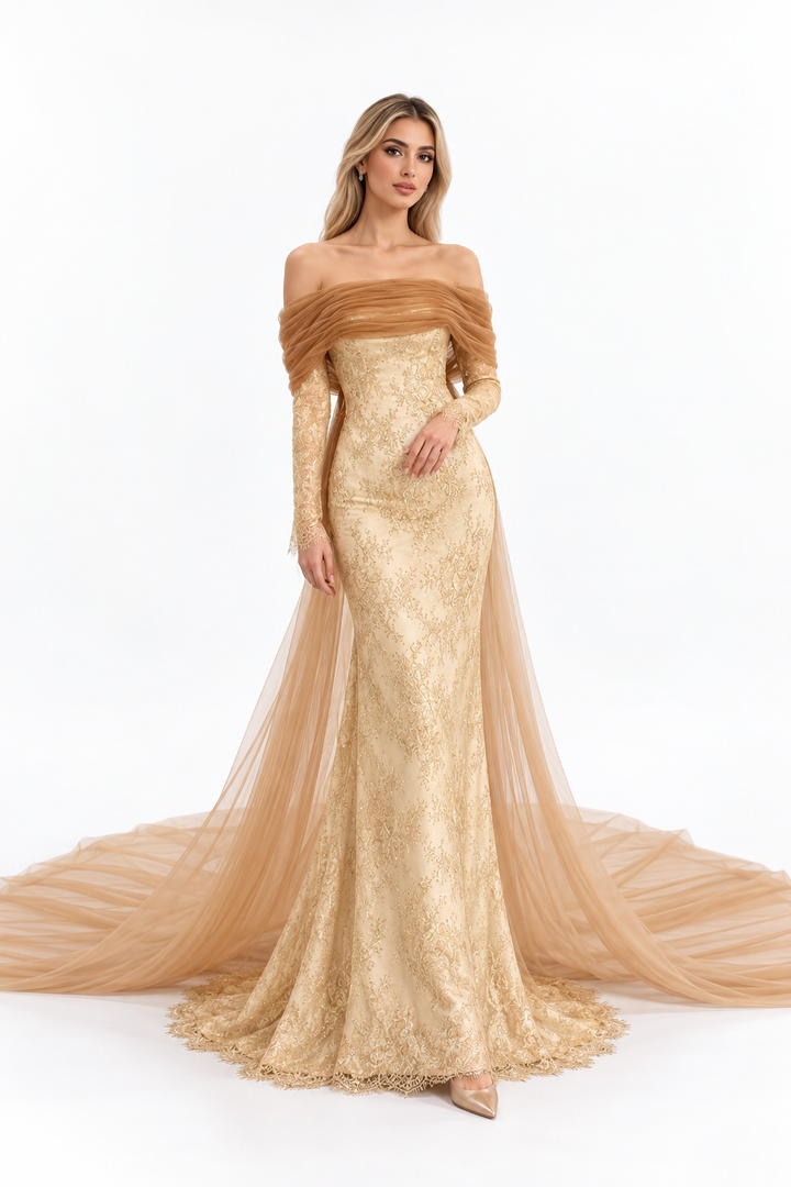 Gold Lace Off-Shoulder Tulle Maxi Dress – Aurelia