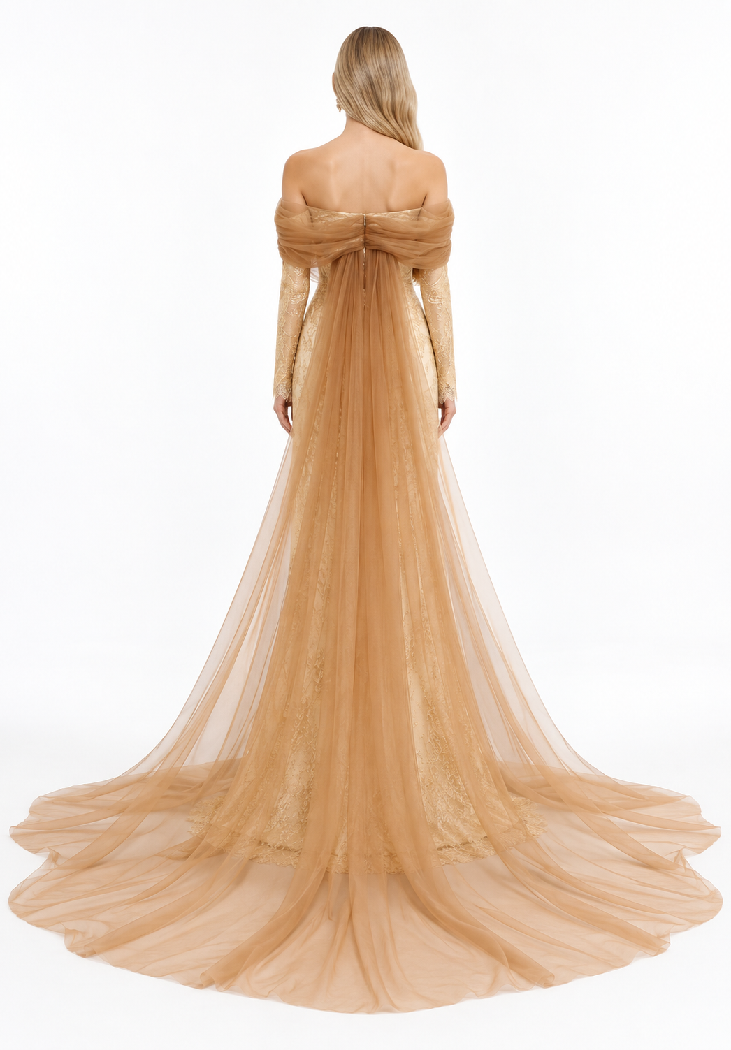Gold Lace Off-Shoulder Tulle Maxi Dress – Aurelia