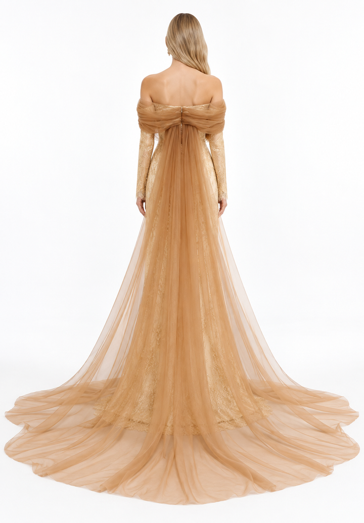 Gold Lace Off-Shoulder Tulle Maxi Dress – Aurelia