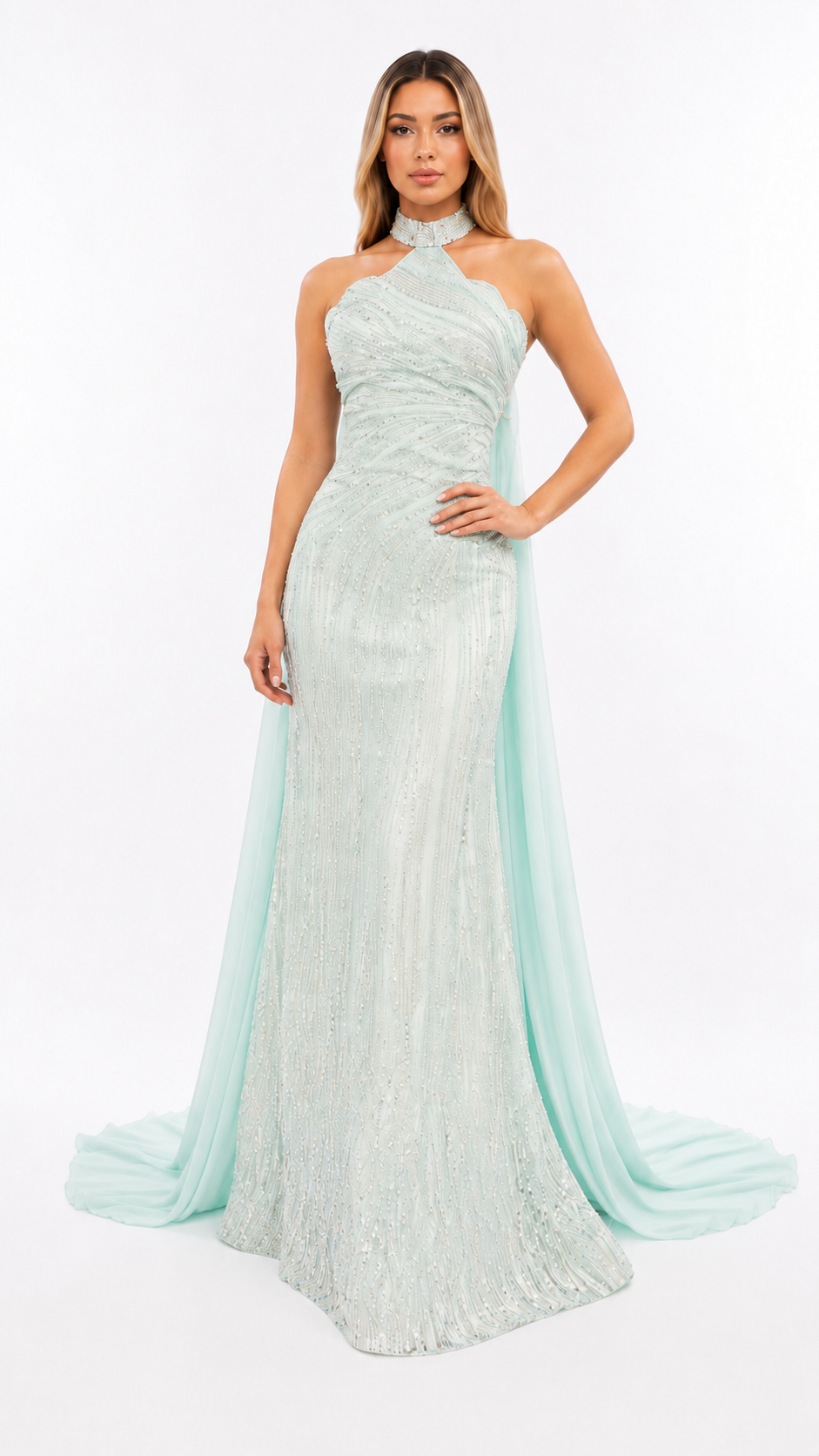 Mint Embellished Halter Evening Gown – CELESTIA