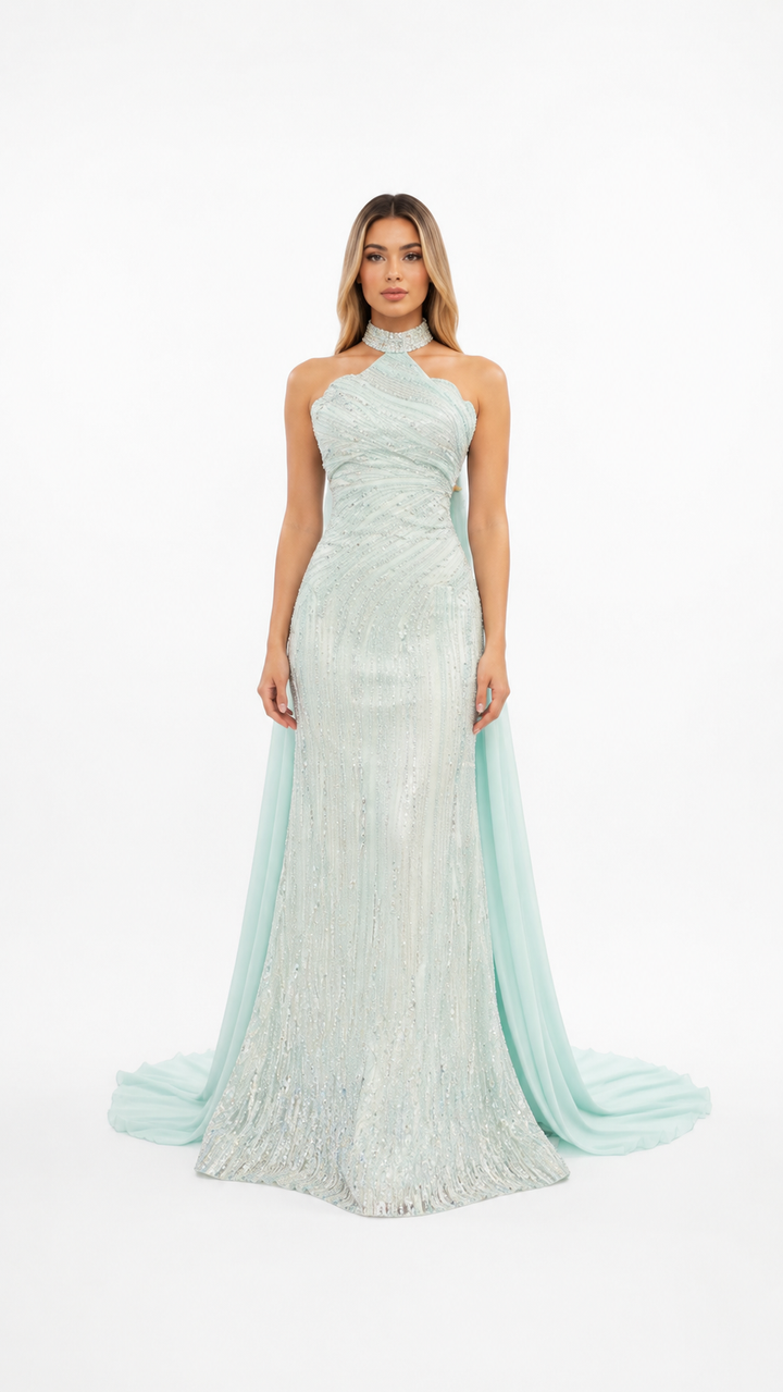 Mint Embellished Halter Evening Gown – CELESTIA