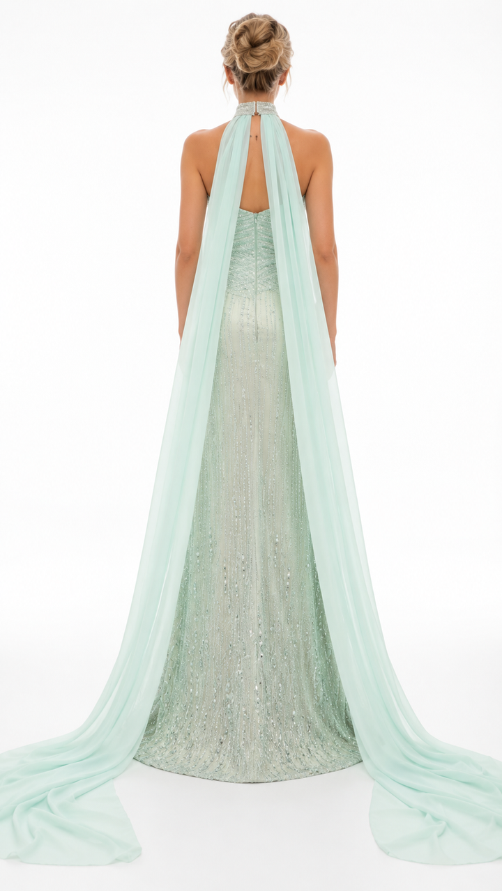 Mint Embellished Halter Evening Gown – CELESTIA