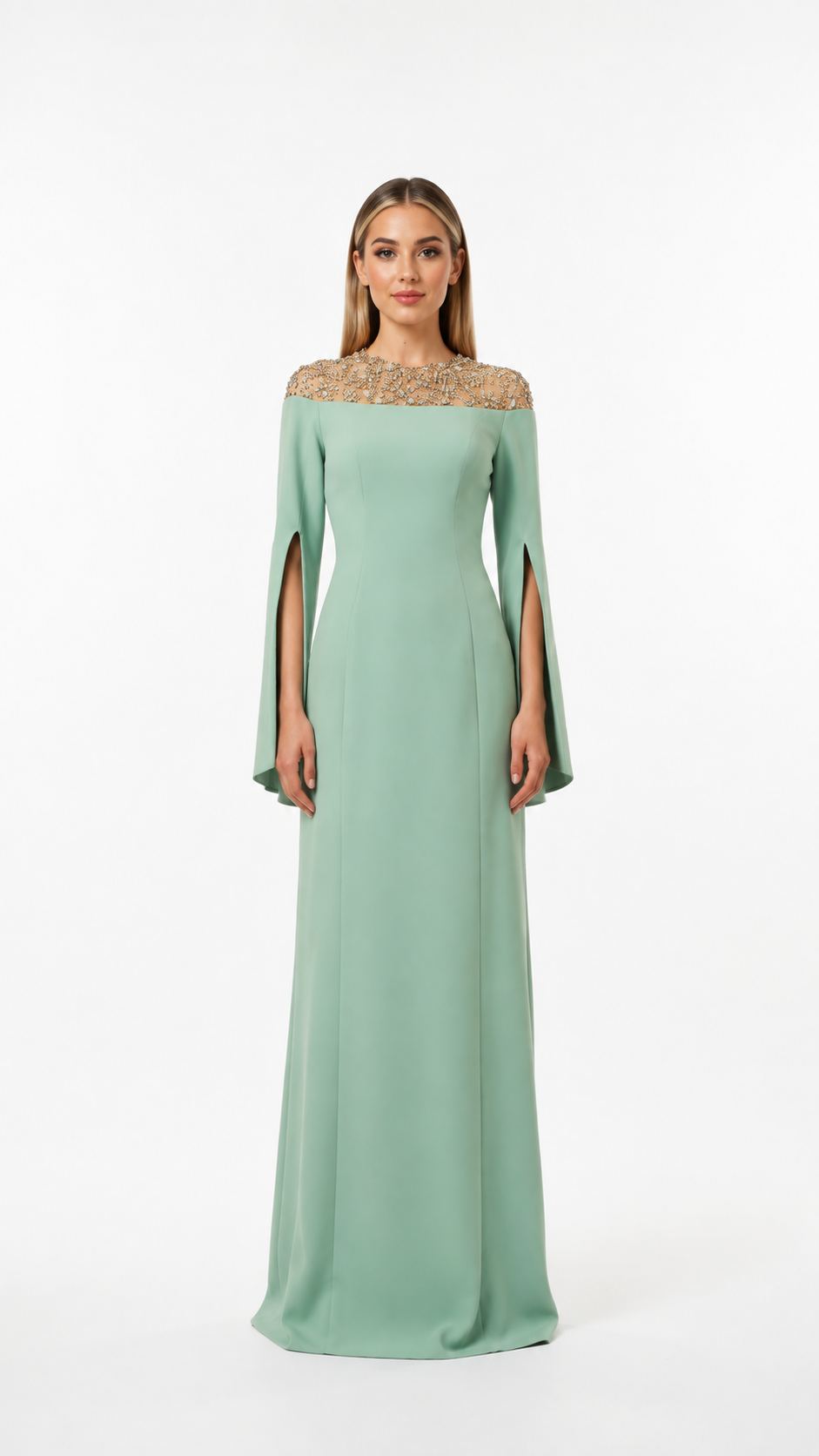 Mint Green Crystal Neck Cape Evening Gown – ELVARA