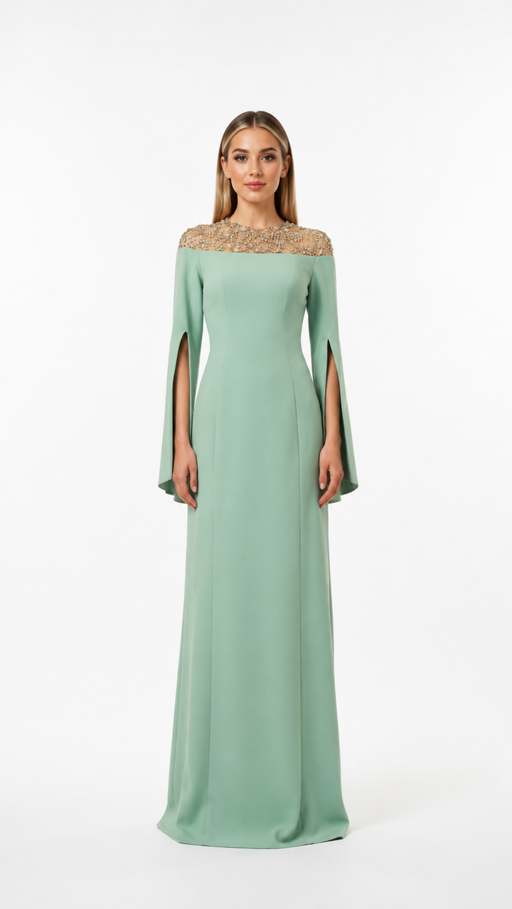 Mint Green Crystal Neck Cape Evening Gown – ELVARA