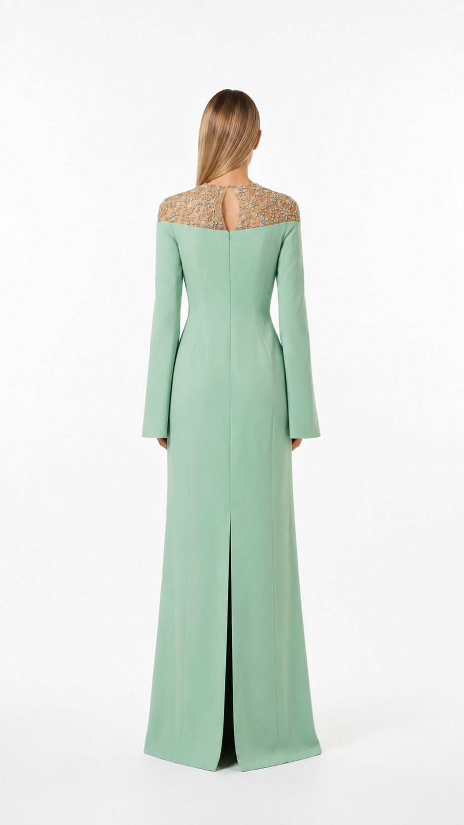Mint Green Crystal Neck Cape Evening Gown – ELVARA
