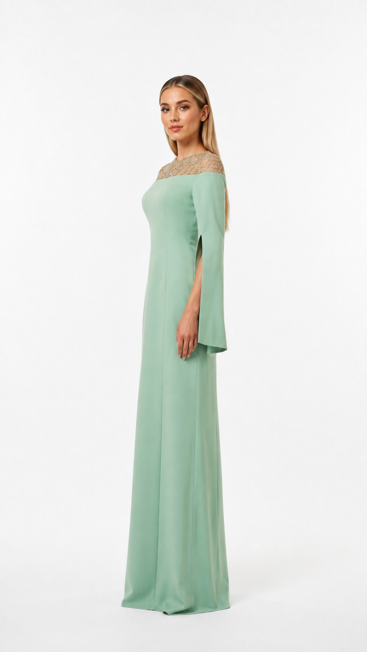 Mint Green Crystal Neck Cape Evening Gown – ELVARA