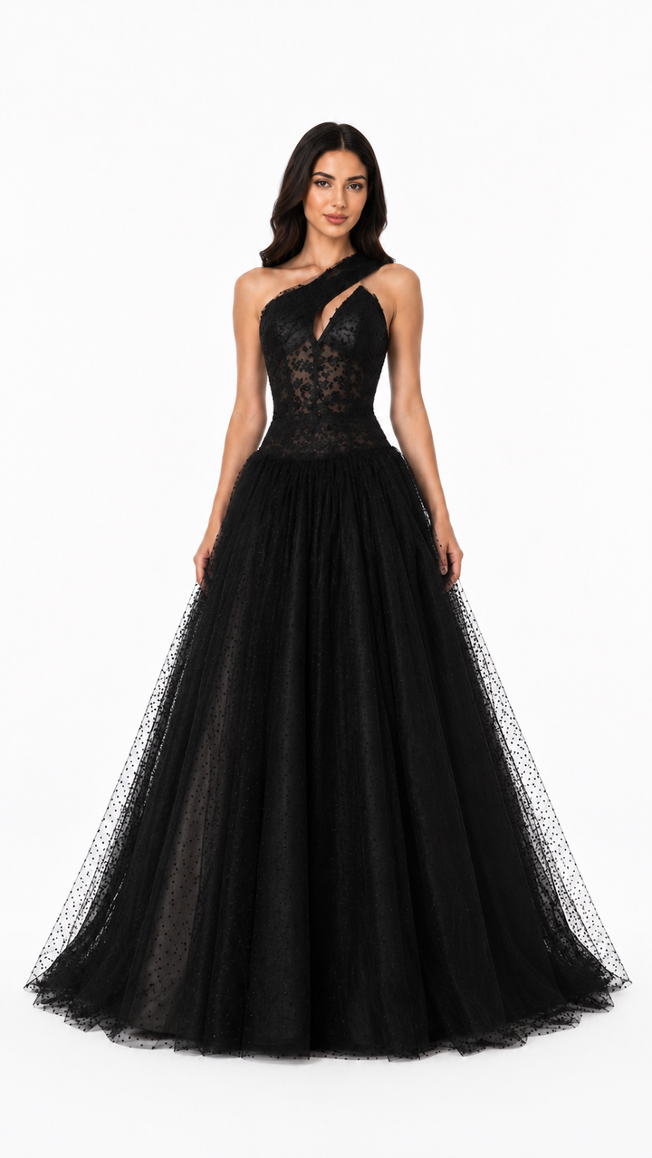 Black One-Shoulder Tulle Evening Gown – ZÉLORA