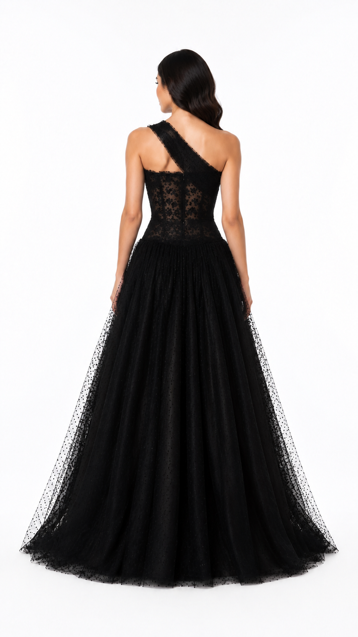 Black One-Shoulder Tulle Evening Gown – ZÉLORA