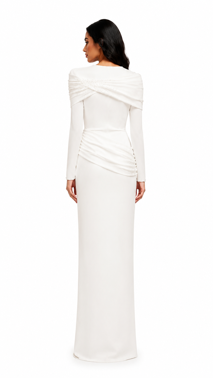 Ivory Pearl Draped Cape Evening Gown – LUNÉSSA