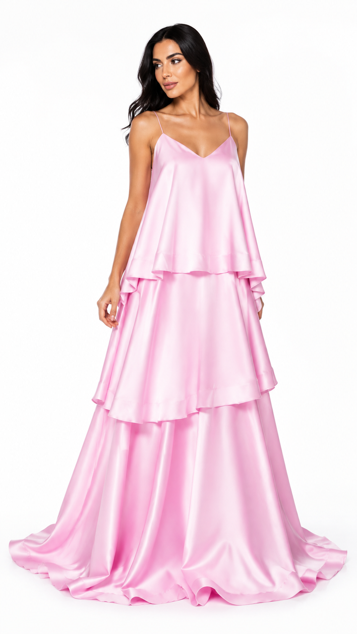 Pink Layered Satin Evening Gown – ROSÉLIA