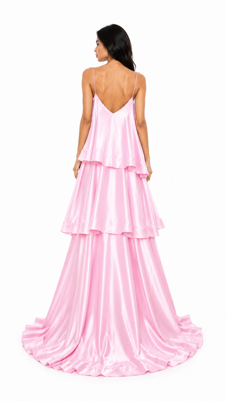 Pink Layered Satin Evening Gown – ROSÉLIA