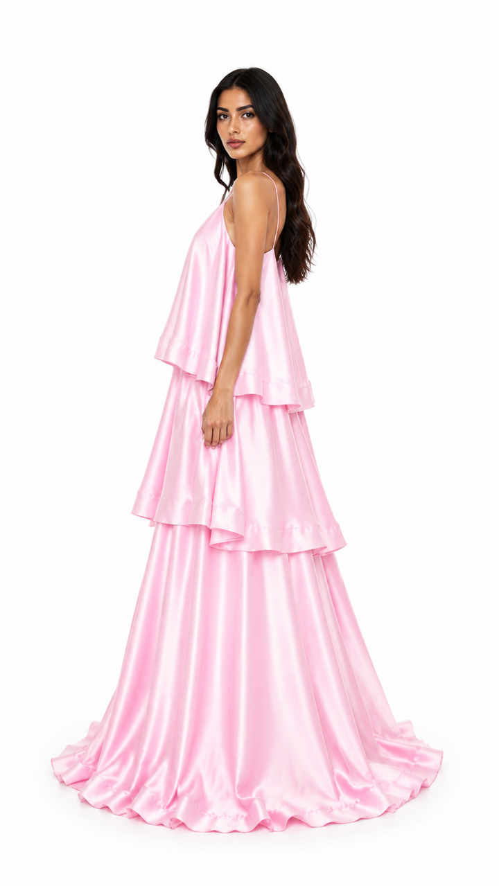 Pink Layered Satin Evening Gown – ROSÉLIA