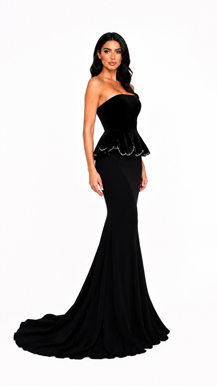 Black Strapless Peplum Evening Gown – NOIREVA