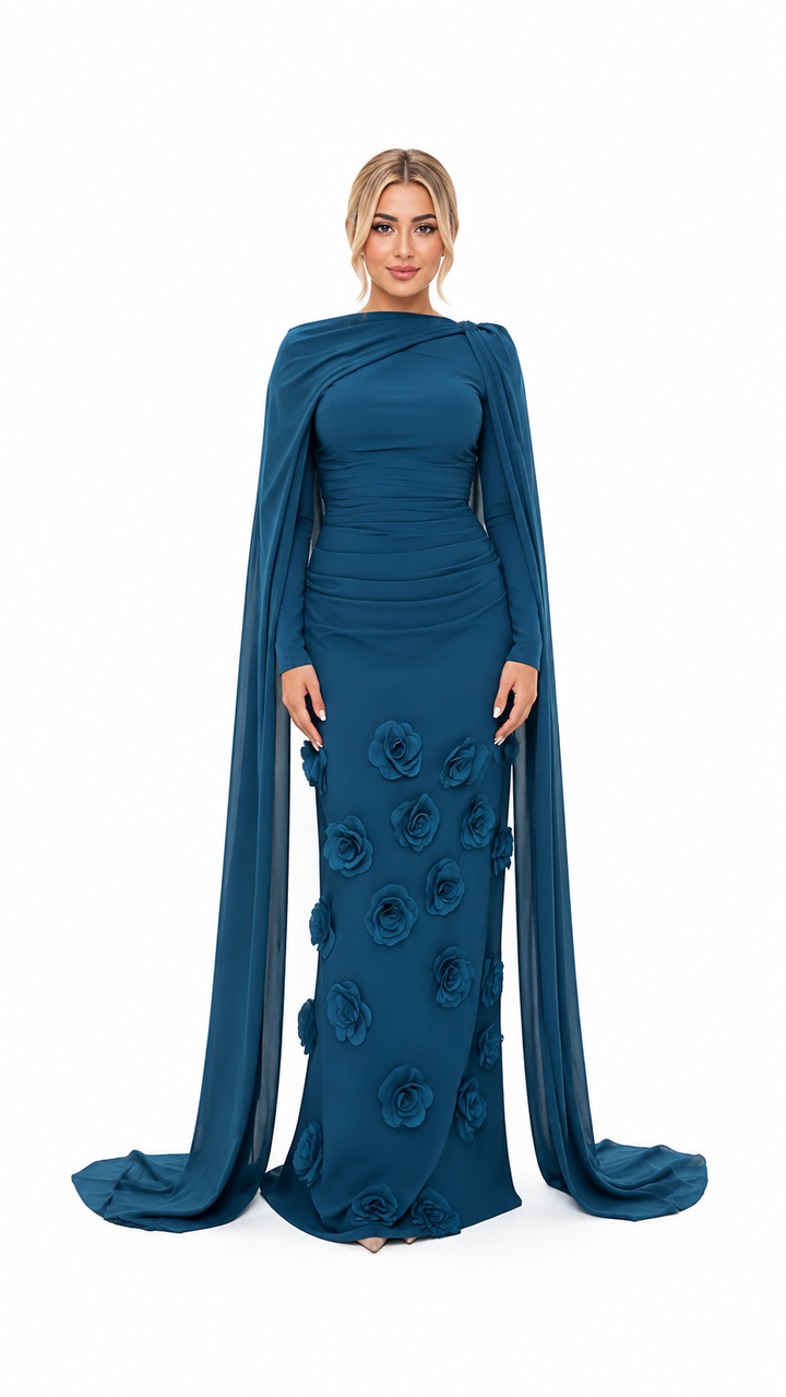 Teal Floral Cape Evening Gown – ELVÉRA