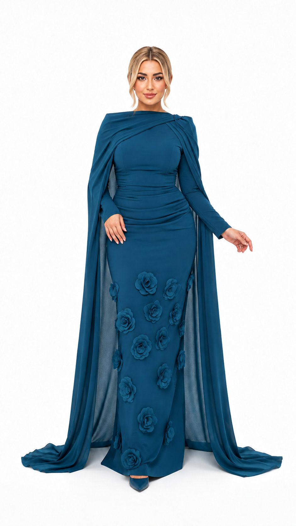 Teal Floral Cape Evening Gown – ELVÉRA