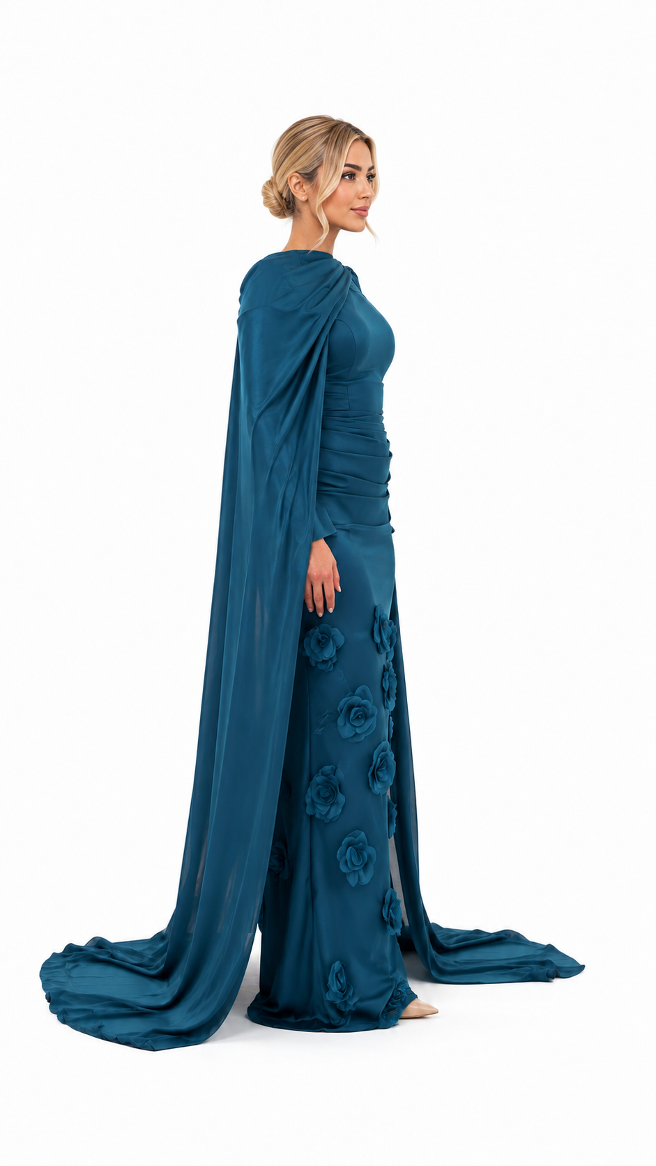 Teal Floral Cape Evening Gown – ELVÉRA