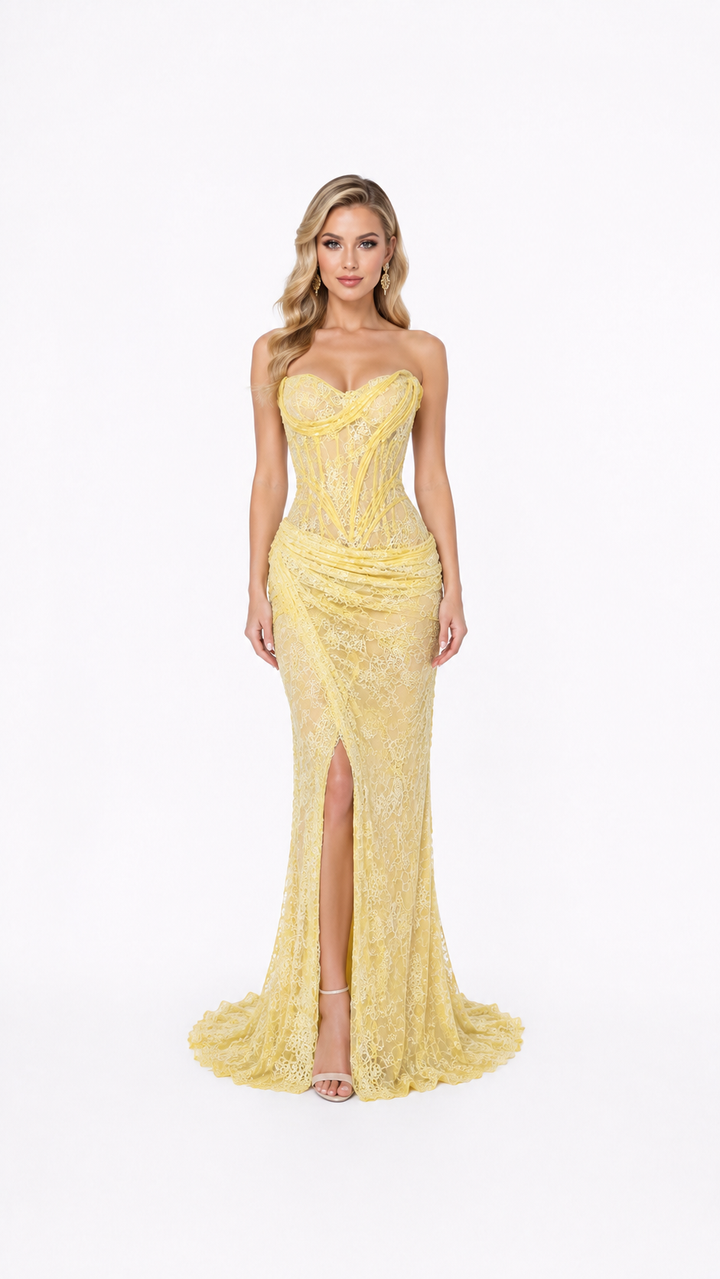 Yellow Sculpted Strapless Evening Gown – SOLÉRIA