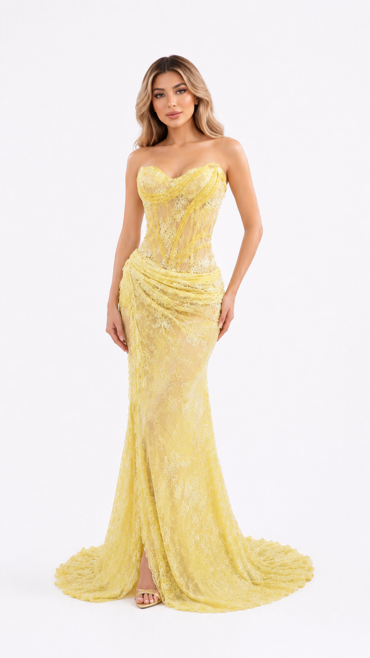 Yellow Sculpted Strapless Evening Gown – SOLÉRIA