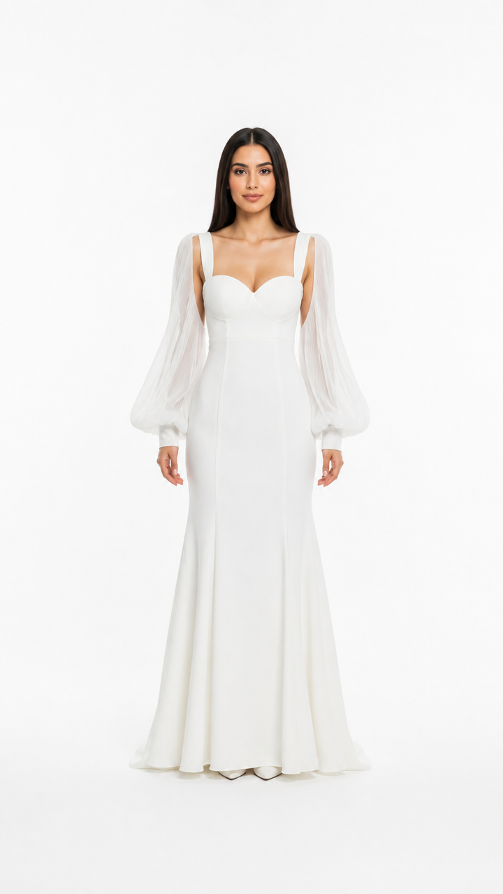 White Sheer Sleeve Mermaid Maxi Dress – ALVÉRA