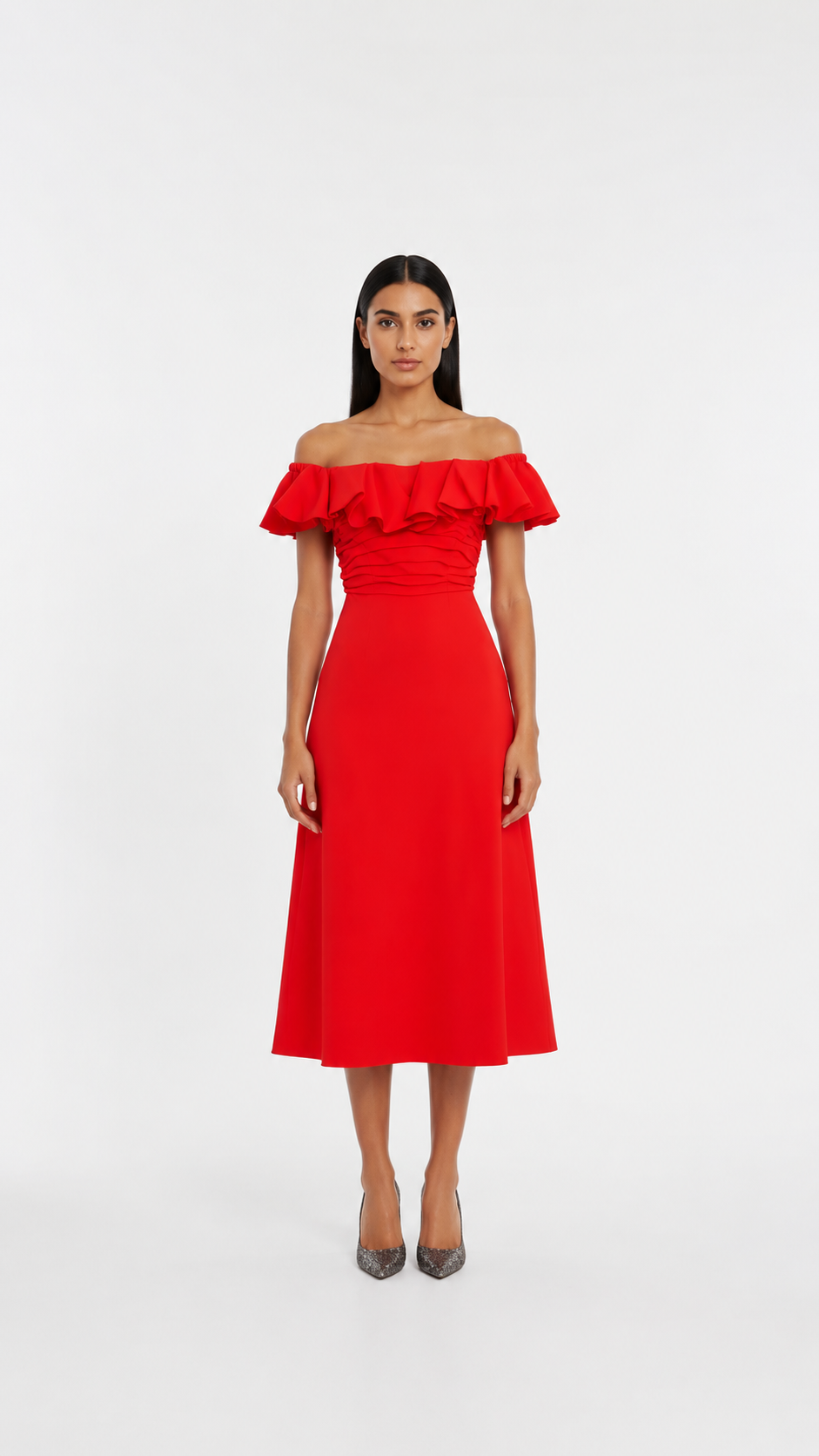 Red Ruffle Off-Shoulder Midi Dress – AMARÉLLE