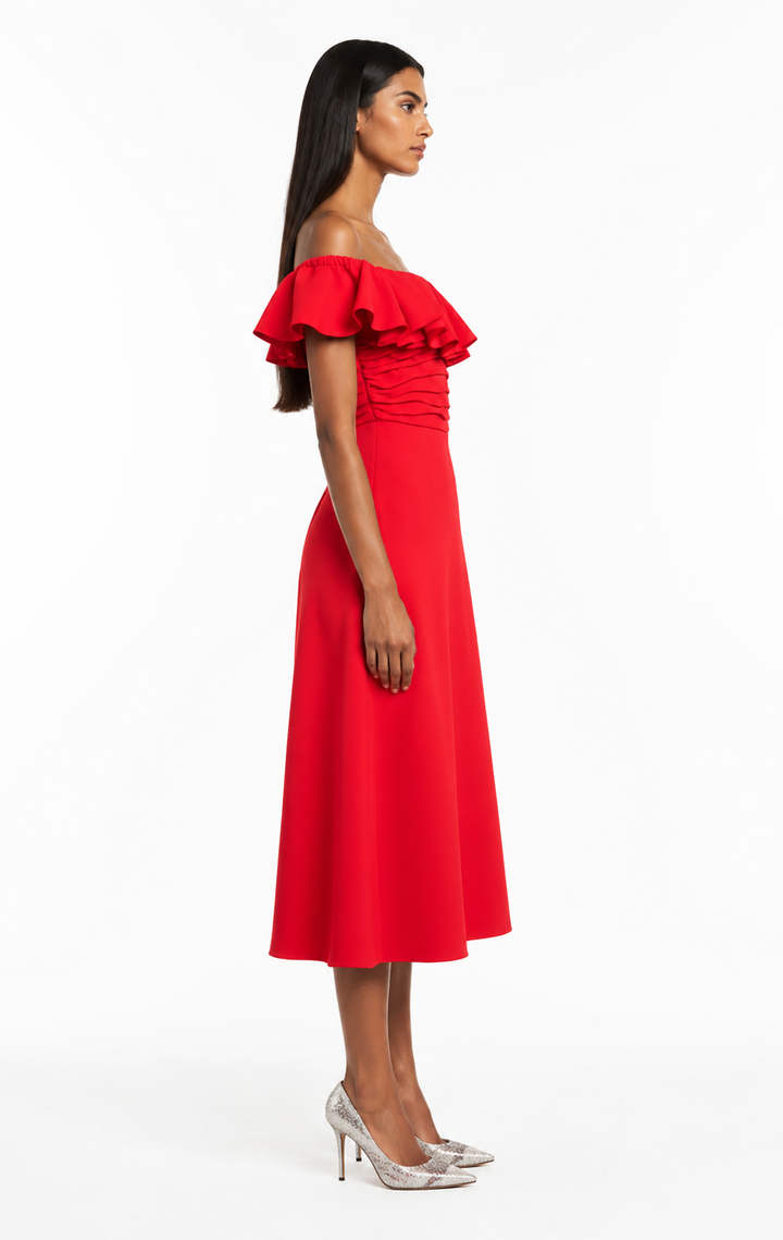Red Ruffle Off-Shoulder Midi Dress – AMARÉLLE