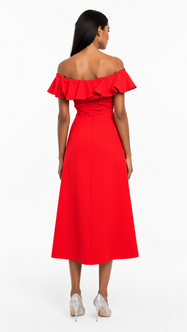 Red Ruffle Off-Shoulder Midi Dress – AMARÉLLE