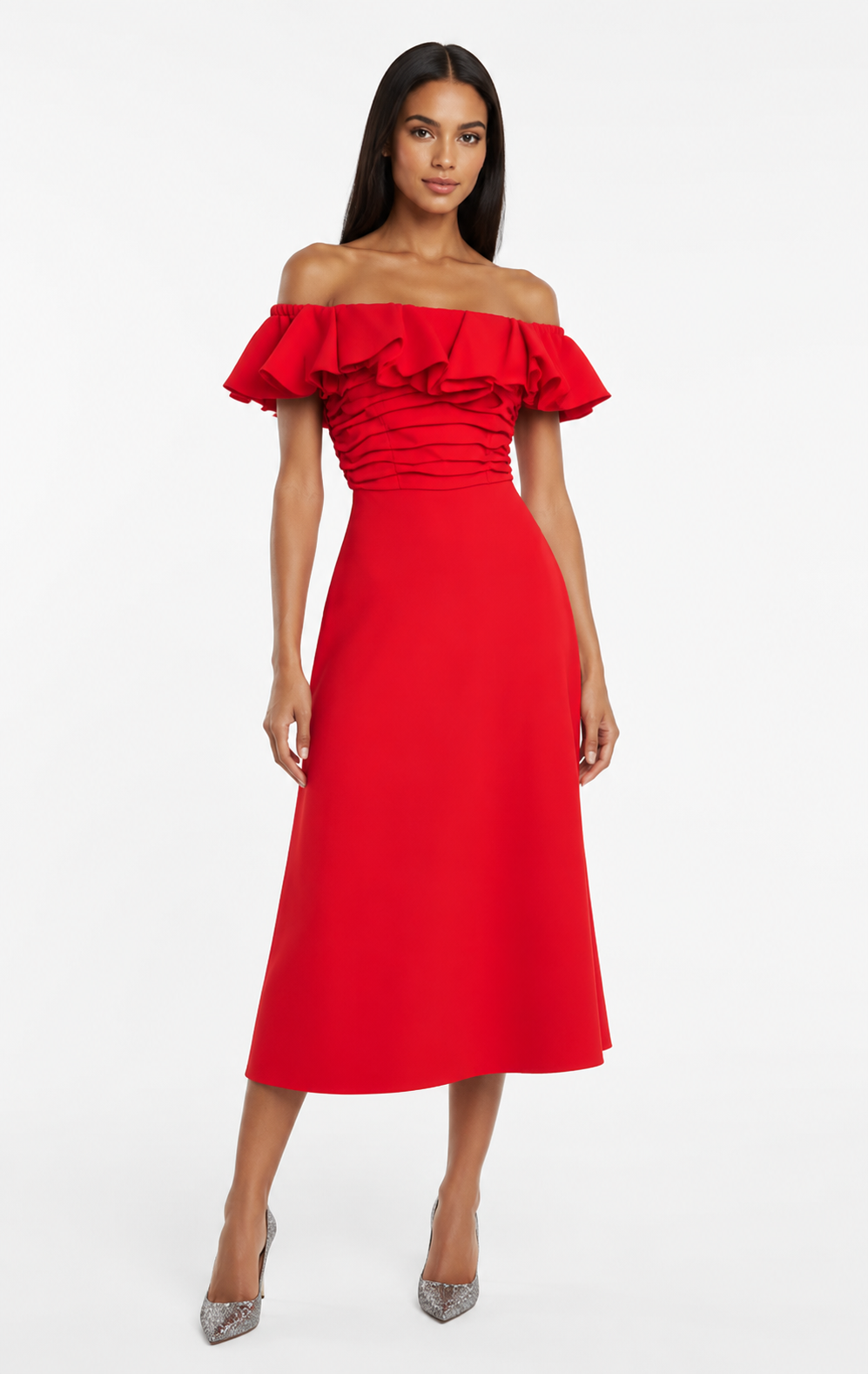 Red Ruffle Off-Shoulder Midi Dress – AMARÉLLE