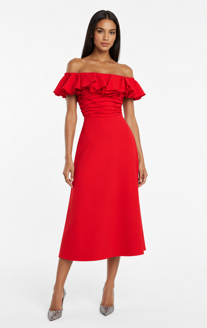 Red Ruffle Off-Shoulder Midi Dress – AMARÉLLE