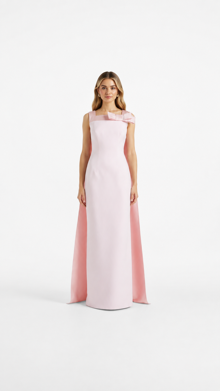 Blush Bow Detail Cape Evening Dress – ELORIA