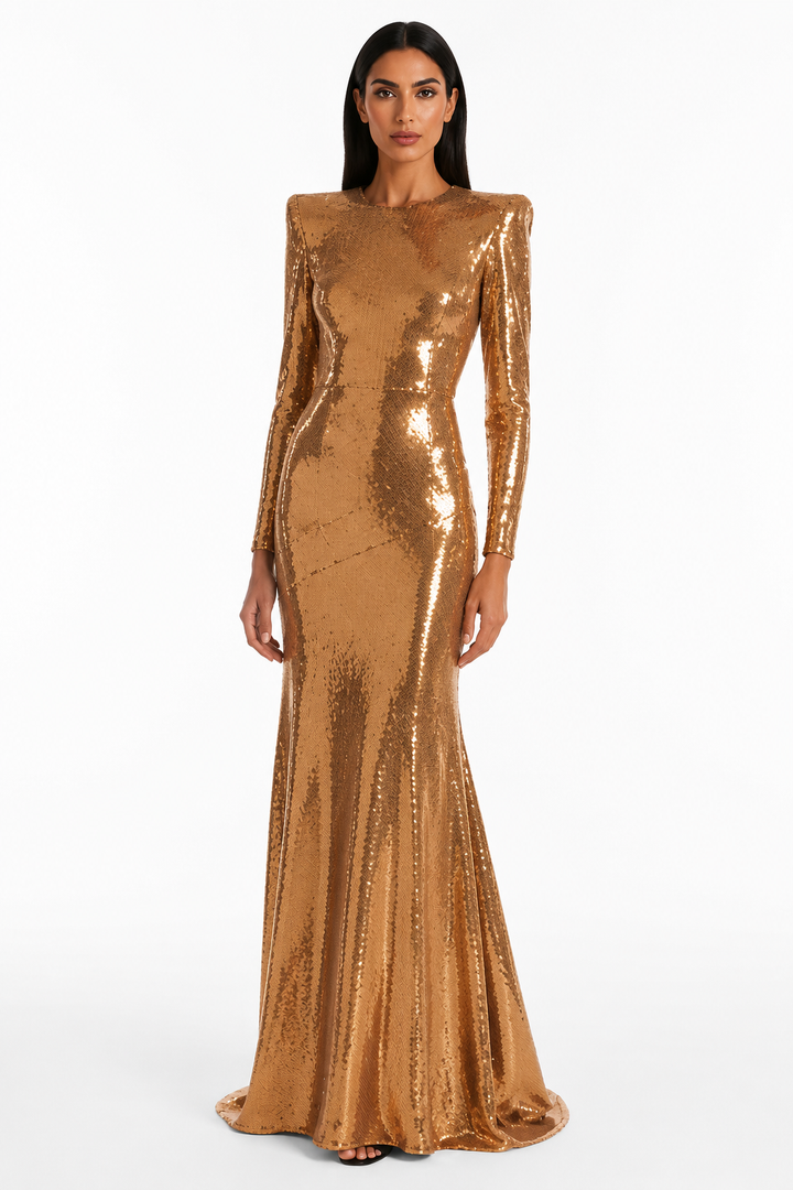 Gold Sequin Long Sleeve Evening Dress – ORLÉNA
