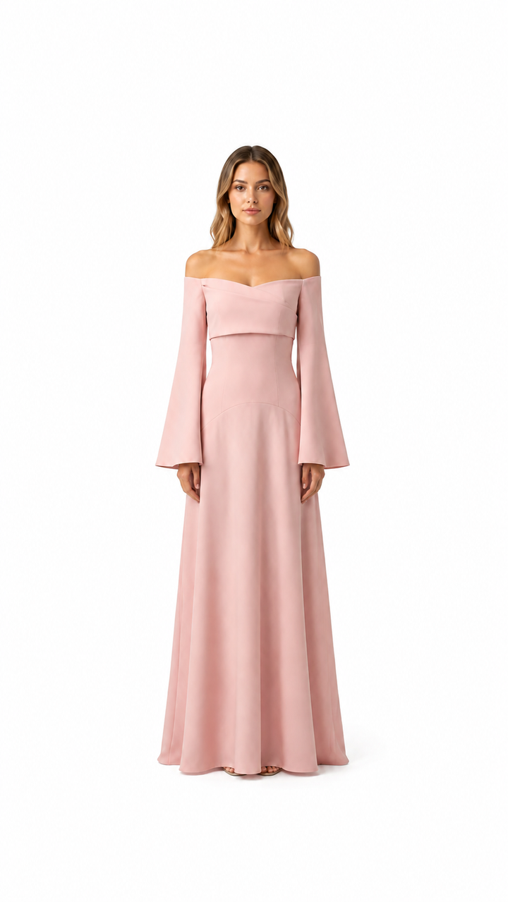 Blush Off-Shoulder Flared Sleeve Evening Dress – CALÉVIA