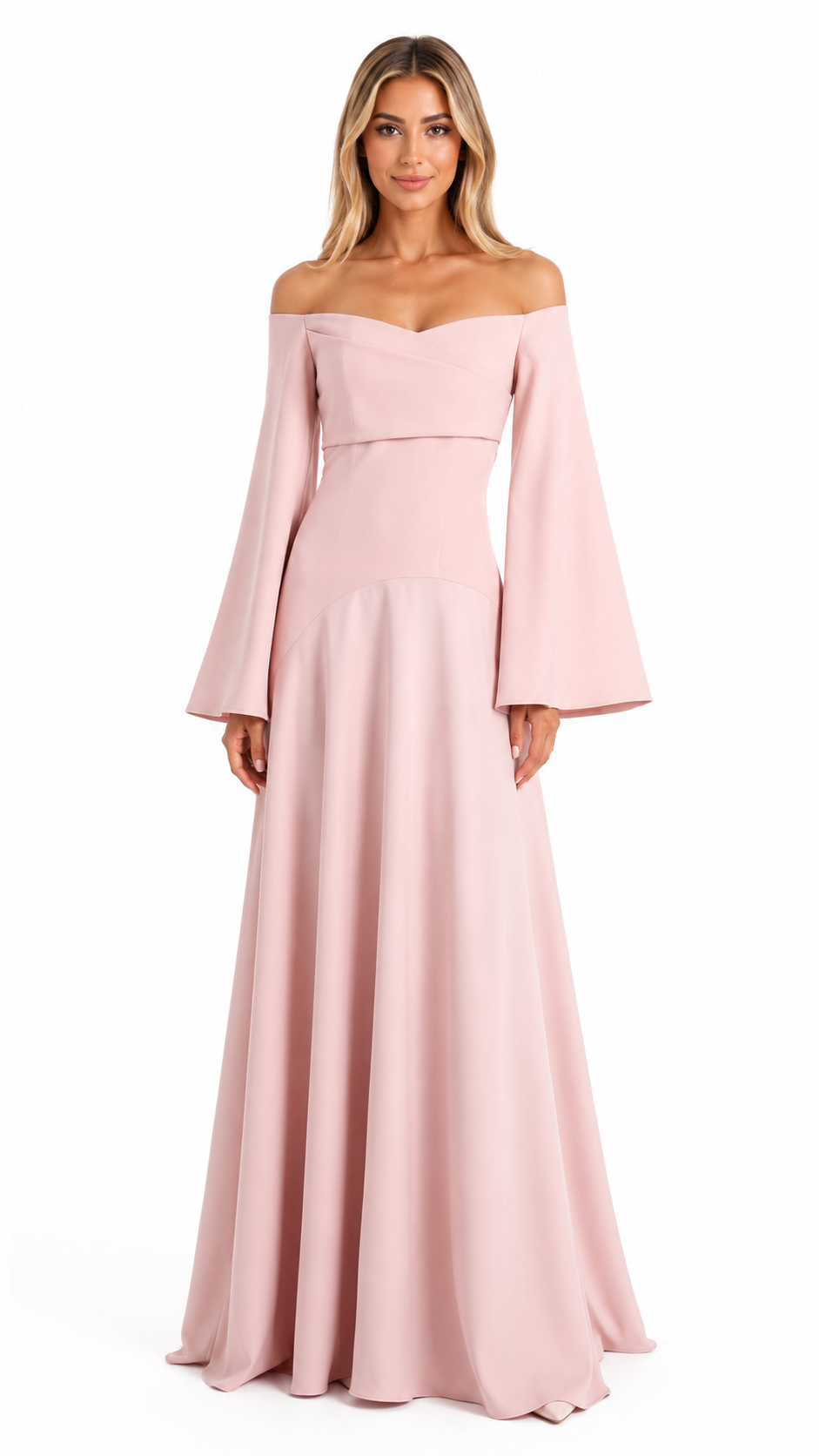 Blush Off-Shoulder Flared Sleeve Evening Dress – CALÉVIA
