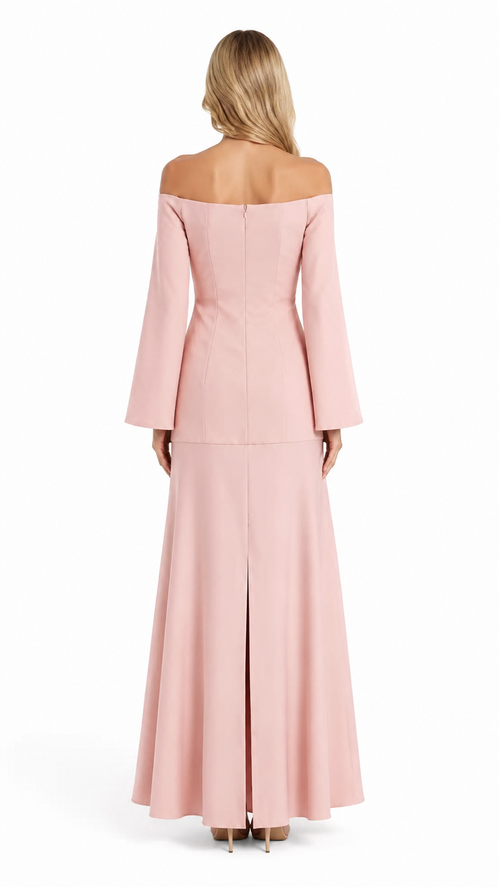 Blush Off-Shoulder Flared Sleeve Evening Dress – CALÉVIA